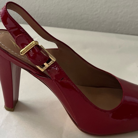 J Vincent Patent Leather Open Toe Slingback Cherry Red High Heel Sandals - Picture 6 of 14